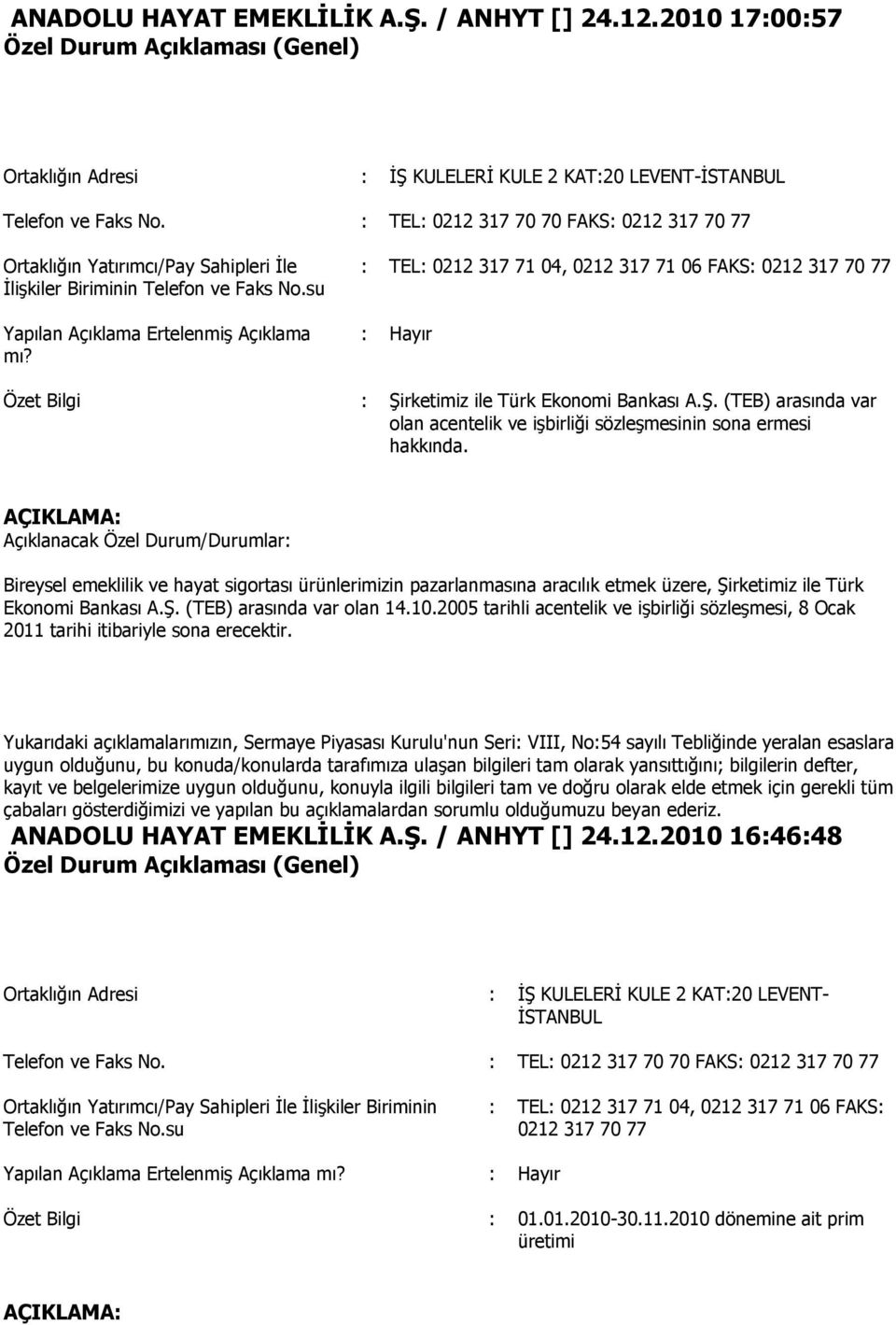 : TEL: 0212 317 71 04, 0212 317 71 06 FAKS: 0212 317 70 77 : Hayır Özet Bilgi : ġirketimiz ile Türk Ekonomi Bankası A.ġ. (TEB) arasında var olan acentelik ve iģbirliği sözleģmesinin sona ermesi hakkında.