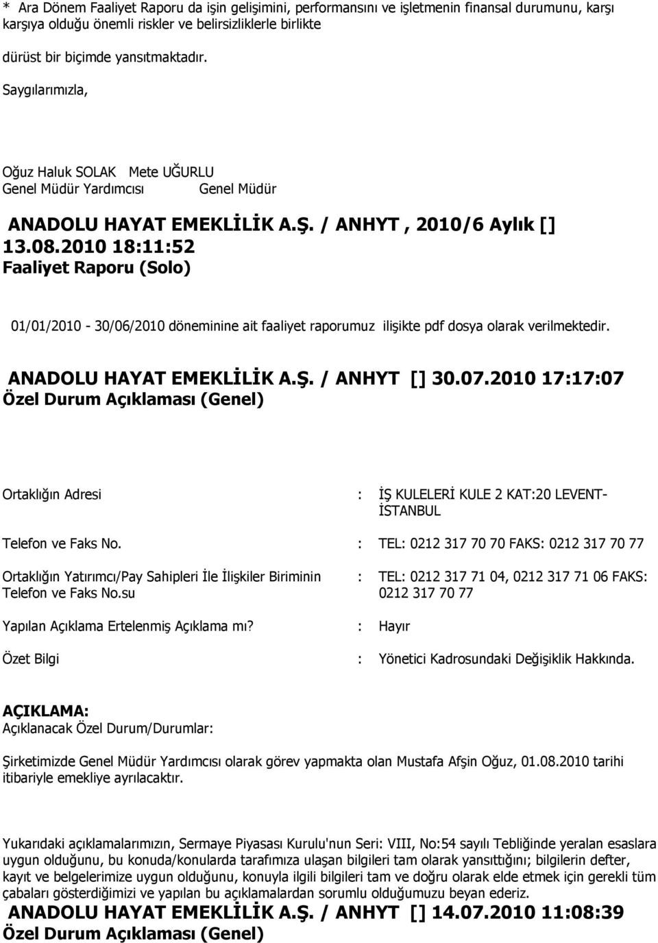 2010 18:11:52 Faaliyet Raporu (Solo) 01/01/2010 30/06/2010 döneminine ait faaliyet raporumuz iliģikte pdf dosya olarak verilmektedir. ANADOLU HAYAT EMEKLĠLĠK A.ġ. / ANHYT [] 30.07.