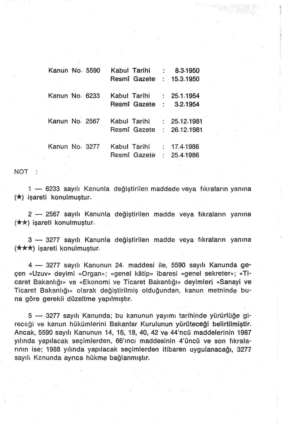 2-2567 sayılı Kanunla değiştirilen madde, veya fıkraların yanına (**> işareti konulmuştur. 3-3277 sayılı Kanunla değiştirilen madde veya fıkraların yanına (***> işareti konulmuştur.