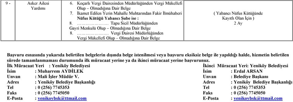 . Vergi Dairesi Müdürlüğünden Vergi Mükellefi Olup Olmadığına Dair Belge ( Yabancı Nüfus Kütüğünde Kayıtlı Olan İçin ) 2 Ay Başvuru esnasında yukarıda belirtilen belgelerin dışında belge istenilmesi