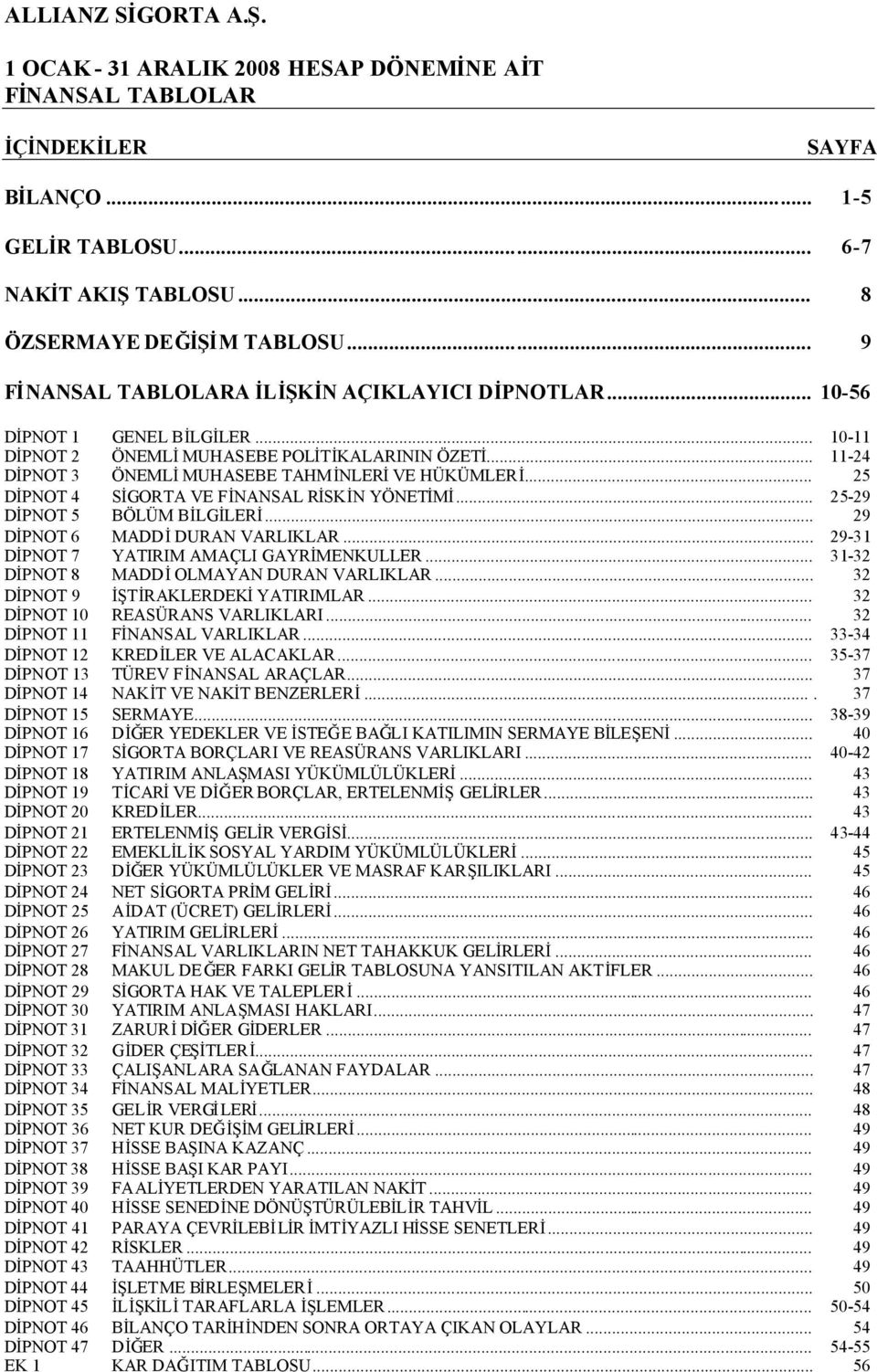 .. 25 DİPNOT 4 SİGORTA VE FİNANSAL RİSKİN YÖNETİMİ... 2529 DİPNOT 5 BÖLÜM BİLGİLERİ... 29 DİPNOT 6 MADDİDURAN VARLIKLAR... 2931 DİPNOT 7 YATIRIM AMAÇLI GAYRİMENKULLER.