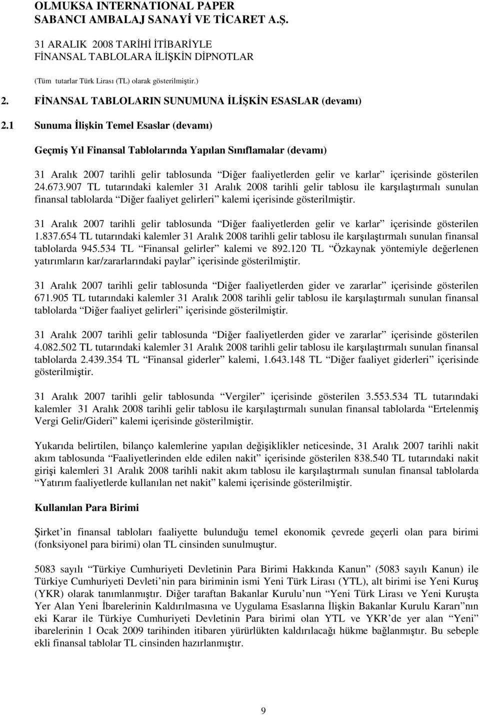 24.673.907 TL tutarındaki kalemler 31 Aralık 2008 tarihli gelir tablosu ile karılatırmalı sunulan finansal tablolarda Dier faaliyet gelirleri kalemi içerisinde gösterilmitir.