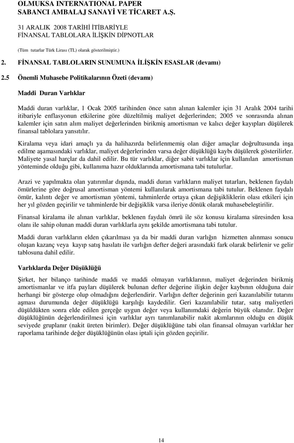 etkilerine göre düzeltilmi maliyet deerlerinden; 2005 ve sonrasında alınan kalemler için satın alım maliyet deerlerinden birikmi amortisman ve kalıcı deer kayıpları düülerek finansal tablolara