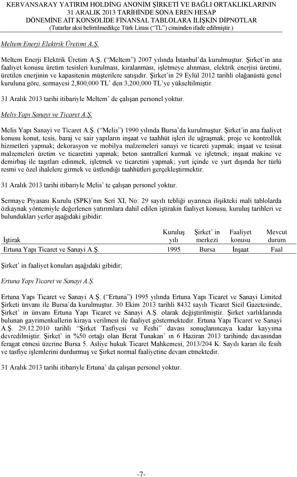 ġirket in 29 Eylül 2012 tarihli olağanüstü genel kuruluna göre, sermayesi 2,800,000 TL den 3,200,000 TL ye yükseltilmiģtir. 31 Aralık 2013 tarihi itibariyle Meltem de çalıģan personel yoktur.