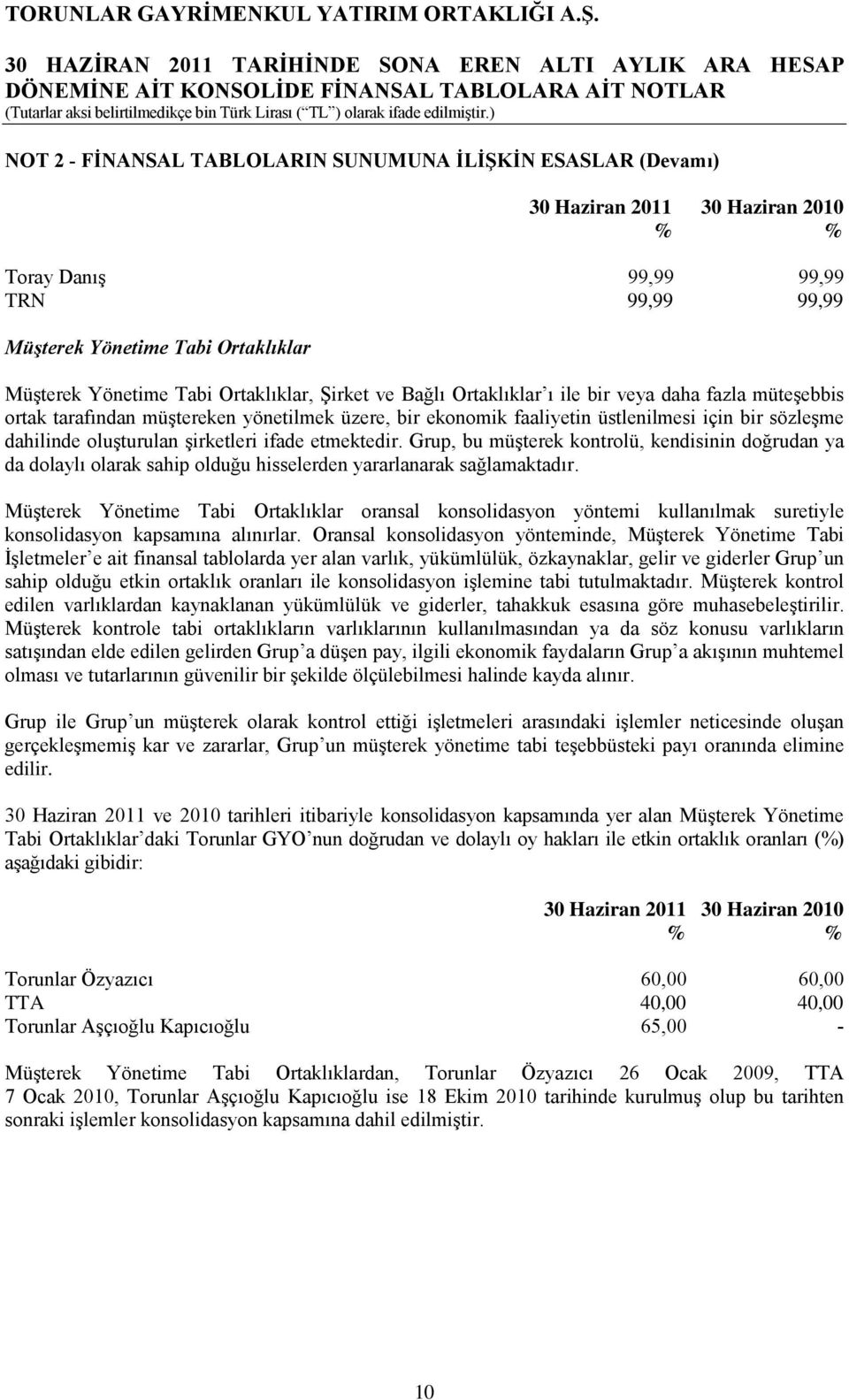 oluşturulan şirketleri ifade etmektedir. Grup, bu müşterek kontrolü, kendisinin doğrudan ya da dolaylı olarak sahip olduğu hisselerden yararlanarak sağlamaktadır.