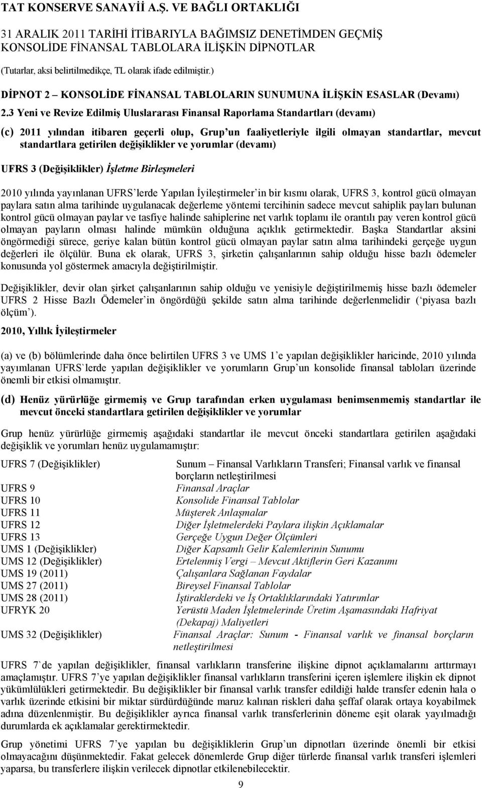 getirilen değişiklikler ve yorumlar (devamı) UFRS 3 (Değişiklikler) Đşletme Birleşmeleri 2010 yılında yayınlanan UFRS lerde Yapılan Đyileştirmeler in bir kısmı olarak, UFRS 3, kontrol gücü olmayan