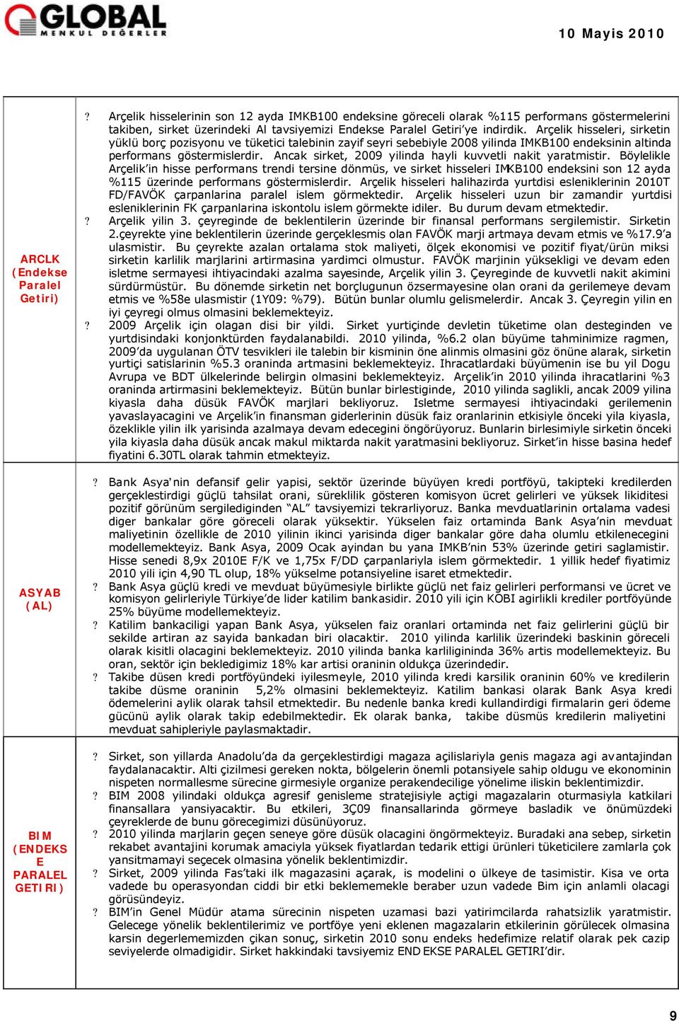 Arçelik hisseleri, sirketin yüklü borç pozisyonu ve tüketici talebinin zayif seyri sebebiyle 2008 yilinda IMKB100 endeksinin altinda performans göstermislerdir.