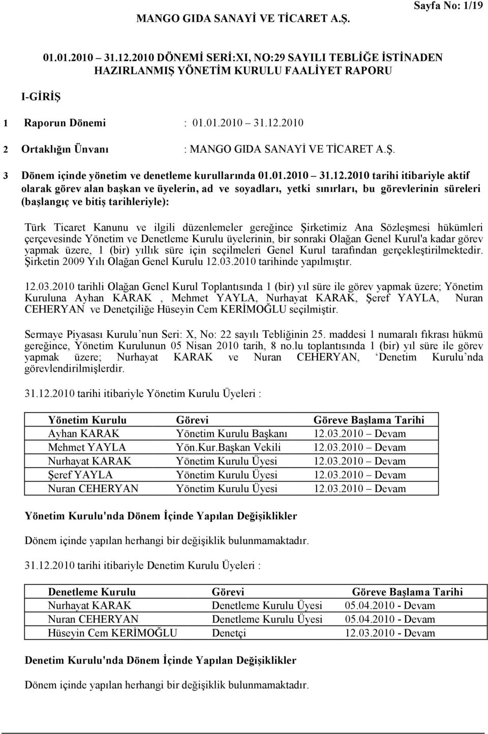 2010 tarihi itibariyle aktif olarak görev alan başkan ve üyelerin, ad ve soyadları, yetki sınırları, bu görevlerinin süreleri (başlangıç ve bitiş tarihleriyle): Türk Ticaret Kanunu ve ilgili