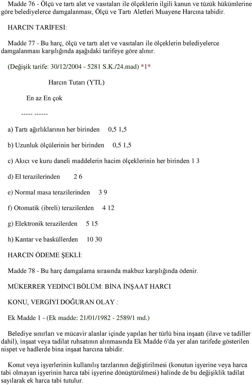 mad) *1* En az En çok ----- ------ Harcın Tutarı (YTL) a) Tartı ağırlıklarının her birinden 0,5 1,5 b) Uzunluk ölçülerinin her birinden 0,5 1,5 c) Akıcı ve kuru daneli maddelerin hacim ölçeklerinin