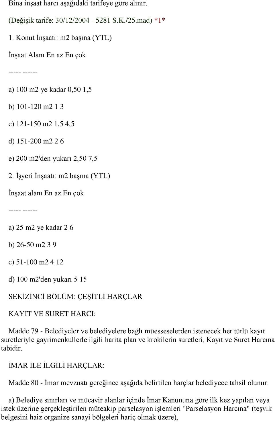 ĠĢyeri ĠnĢaatı: m2 baģına (YTL) ĠnĢaat alanı En az En çok ----- ------ a) 25 m2 ye kadar 2 6 b) 26-50 m2 3 9 c) 51-100 m2 4 12 d) 100 m2'den yukarı 5 15 SEKĠZĠNCĠ BÖLÜM: ÇEġĠTLĠ HARÇLAR KAYIT VE