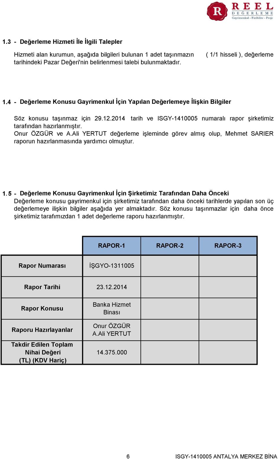 2014 tarih ve ISGY-1410005 numaralı rapor şirketimiz tarafından hazırlanmıştır. Onur ÖZGÜR ve A.