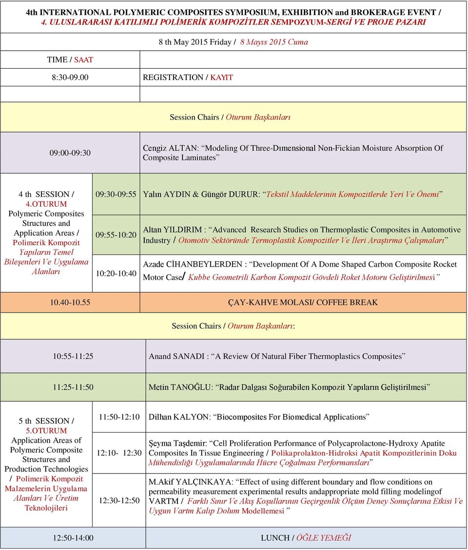 OTURUM Polymeric Composites Structures and Application Areas / Yapıların Temel BileĢenleri Ve Uygulama Alanları 09:30-09:55 Yalın AYDIN & Güngör DURUR: Tekstil Maddelerinin Kompozitlerde Yeri Ve