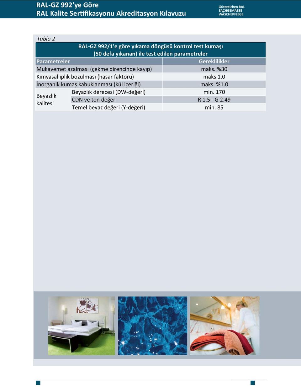 0 İnorganik kumaş kabuklanması (kül içeriği) maks. %1.0 Beyazlık derecesi (DW değeri) min.