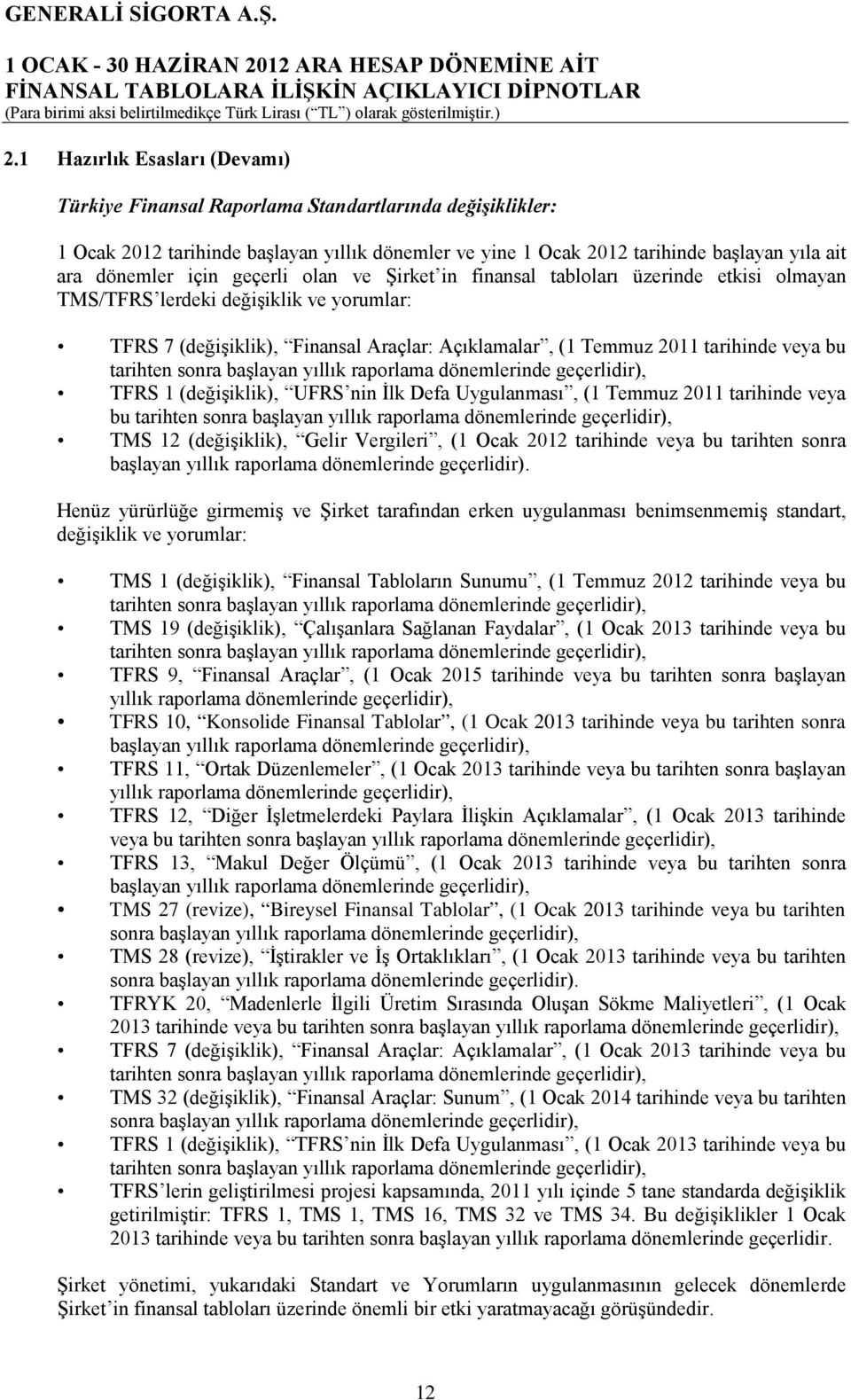 geçerli olan ve Şirket in finansal tabloları üzerinde etkisi olmayan TMS/TFRS lerdeki değişiklik ve yorumlar: TFRS 7 (değişiklik), Finansal Araçlar: Açıklamalar, (1 Temmuz 2011 tarihinde veya bu