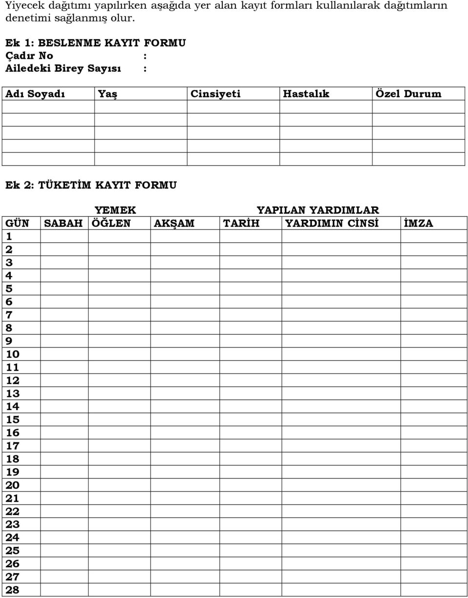 Ek 1: BESLENME KAYIT FORMU Çadır No : Ailedeki Birey Sayısı : Adı Soyadı Yaş Cinsiyeti Hastalık