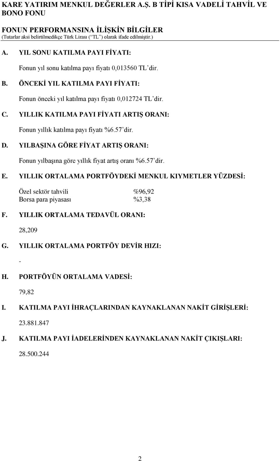 YILLIK ORTALAMA PORTFÖYDEKİ MENKUL KIYMETLER YÜZDESİ: Özel sektör tahvili %96,92 Borsa para piyasası %3,38 F. YILLIK ORTALAMA TEDAVÜL ORANI: 28,209 G.