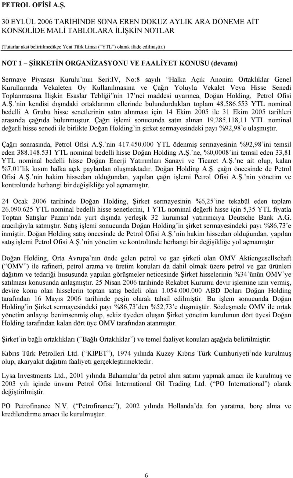 553 YTL nominal bedelli A Grubu hisse senetlerinin satın alınması için 14 Ekim 2005 ile 31 Ekim 2005 tarihleri arasında çağrıda bulunmuştur. Çağrı işlemi sonucunda satın alınan 19.285.