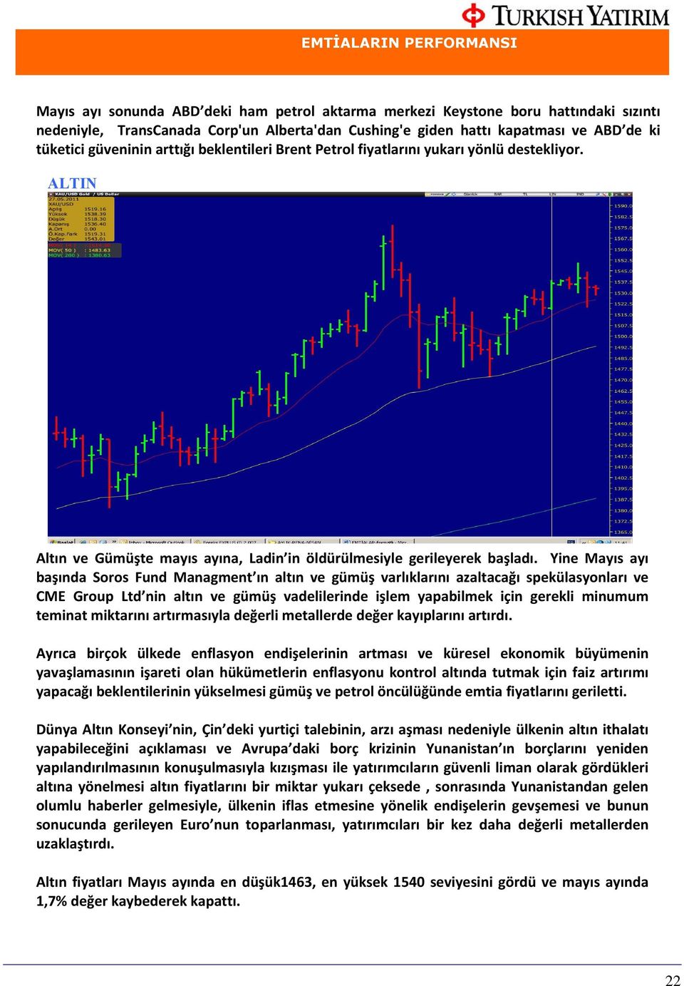 Yine Mayıs ayı başında Soros Fund Managment ın altın ve gümüş varlıklarını azaltacağı spekülasyonları ve CME Group Ltd nin altın ve gümüş vadelilerinde işlem yapabilmek için gerekli minumum teminat