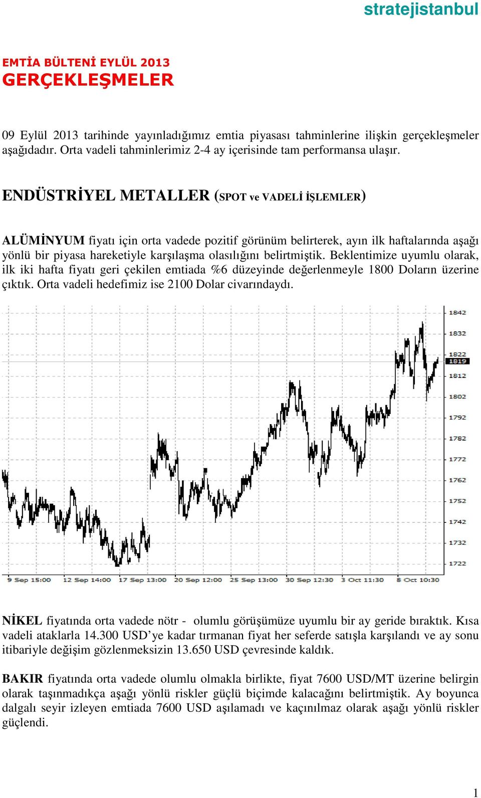 ENDÜSTRİYEL METALLER (SPOT ve VADELİ İŞLEMLER) ALÜMİNYUM fiyatı için orta vadede pozitif görünüm belirterek, ayın ilk haftalarında aşağı yönlü bir piyasa hareketiyle karşılaşma olasılığını