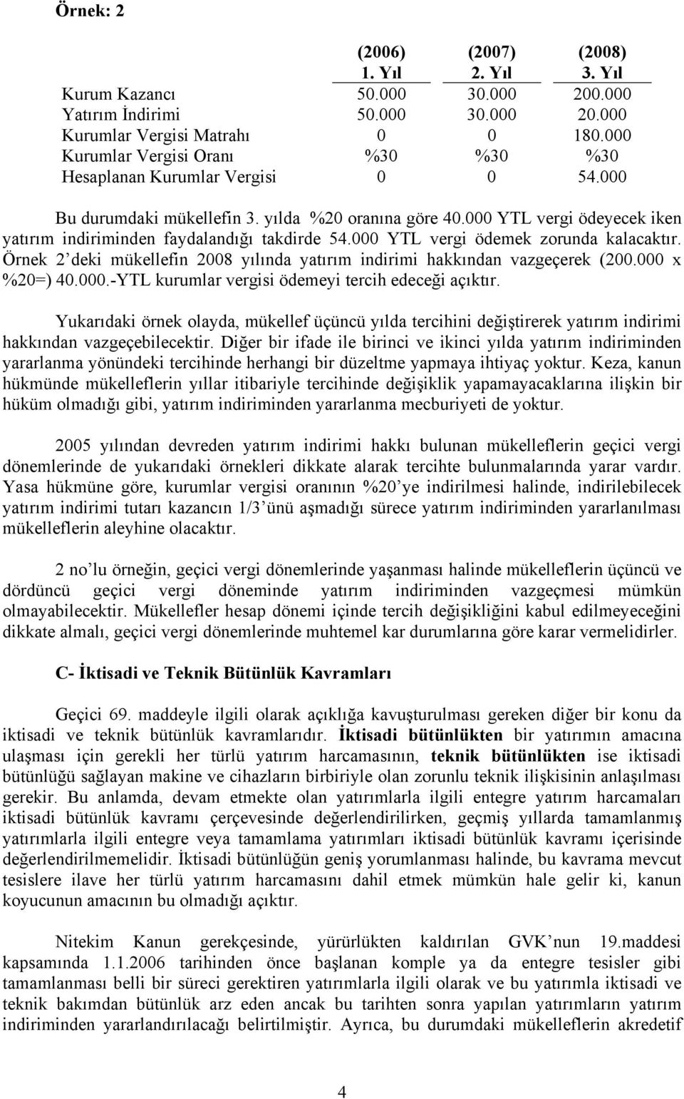 000 YTL vergi ödeyecek iken yatırım indiriminden faydalandığı takdirde 54.000 YTL vergi ödemek zorunda kalacaktır. Örnek 2 deki mükellefin 2008 yılında yatırım indirimi hakkından vazgeçerek (200.