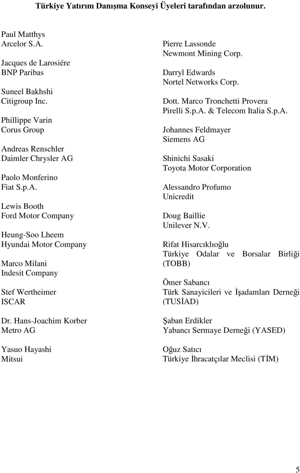 Hans-Joachim Korber Metro AG Yasuo Hayashi Mitsui Pierre Lassonde Newmont Mining Corp. Darryl Edwards Nortel Networks Corp. Dott. Marco Tronchetti Provera Pirelli S.p.A. & Telecom Italia S.p.A. Johannes Feldmayer Siemens AG Shinichi Sasaki Toyota Motor Corporation Alessandro Profumo Unicredit Doug Baillie Unilever N.