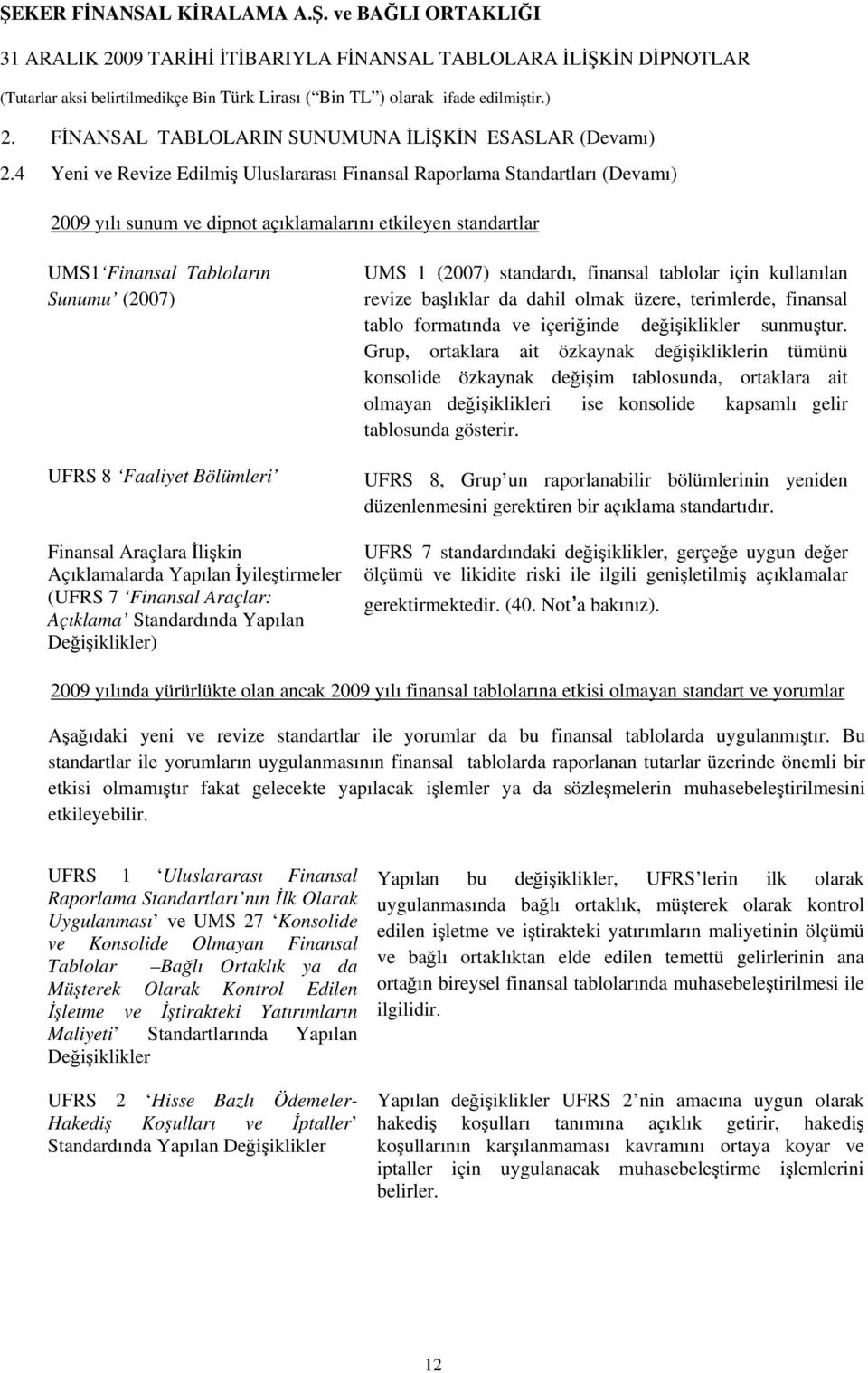 Bölümleri Finansal Araçlara İlişkin Açıklamalarda Yapılan İyileştirmeler (UFRS 7 Finansal Araçlar: Açıklama Standardında Yapılan Değişiklikler) UMS 1 (2007) standardı, finansal tablolar için