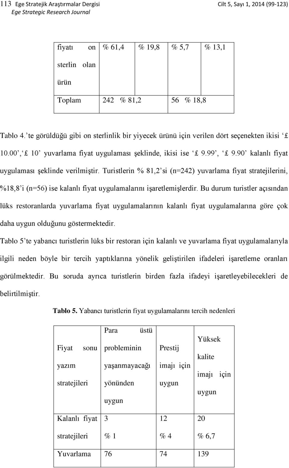 Turistlerin % 81,2 si (n=242) yuvarlama fiyat stratejilerini, %18,8 i (n=56) ise kalanlı fiyat uygulamalarını işaretlemişlerdir.