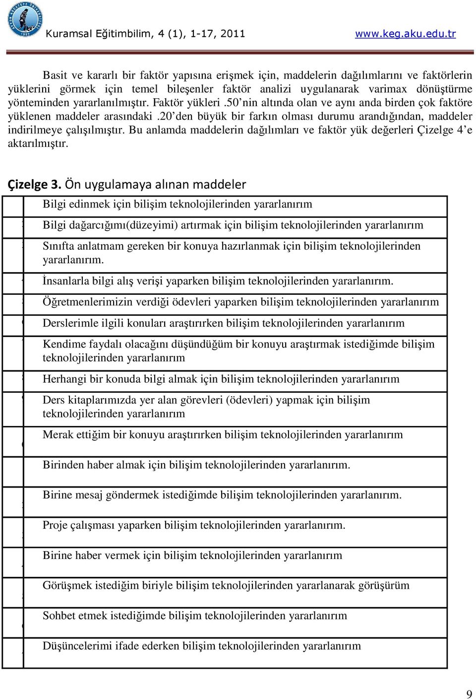 0 den büyük bir farkın olması durumu arandığından, maddeler indirilmeye çalışılmıştır. Bu anlamda maddelerin dağılımları ve faktör yük değerleri Çizelge 