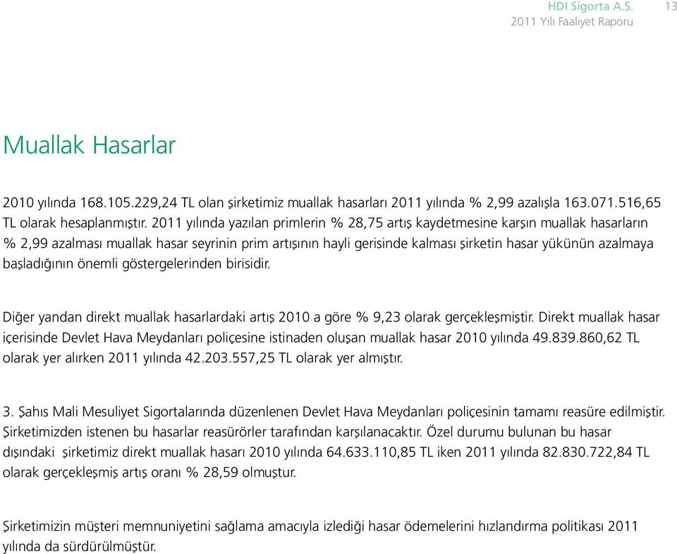 başladığının önemli göstergelerinden birisidir. Diğer yandan direkt muallak hasarlardaki artış 2010 a göre % 9,23 olarak gerçekleşmiştir.