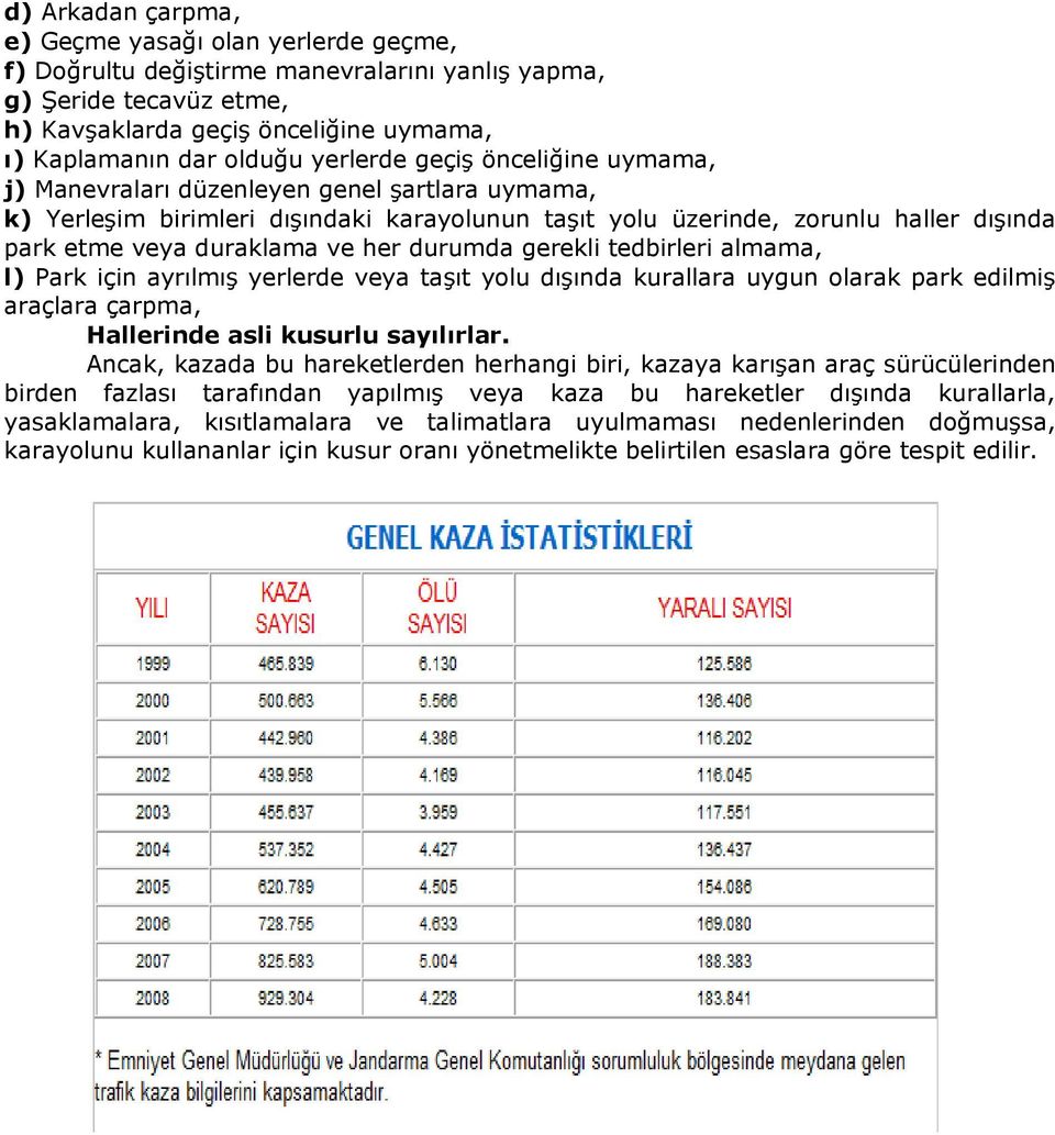 her durumda gerekli tedbirleri almama, l) Park için ayrılmış yerlerde veya taşıt yolu dışında kurallara uygun olarak park edilmiş araçlara çarpma, Hallerinde asli kusurlu sayılırlar.