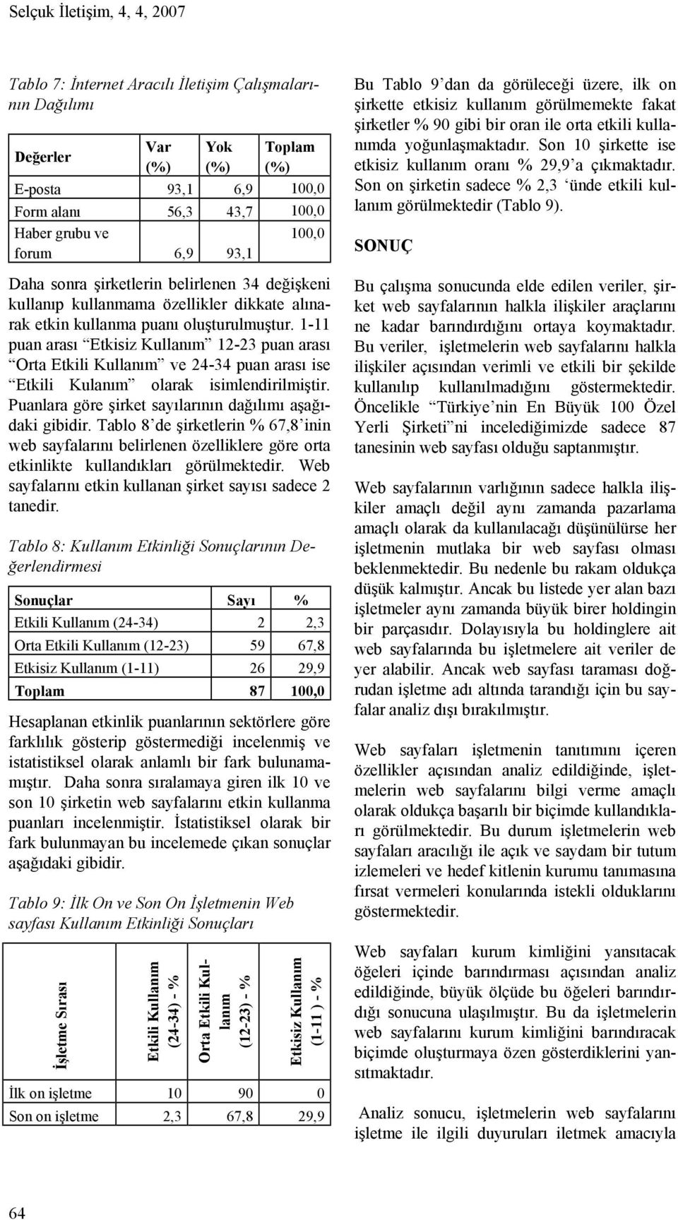 1-11 puan arası Etkisiz Kullanım 12-23 puan arası Orta Etkili Kullanım ve 24-34 puan arası ise Etkili Kulanım olarak isimlendirilmiştir. Puanlara göre şirket sayılarının dağılımı aşağıdaki gibidir.