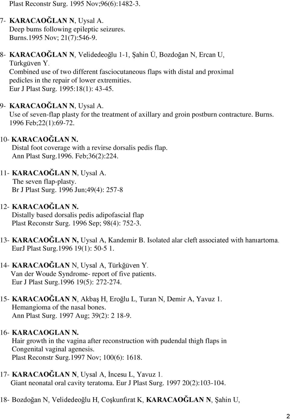 Eur J Plast Surg. 1995:18(1): 43-45. 9- KARACAOĞLAN N, Uysal A. Use of seven-flap plasty for the treatment of axillary and groin postburn contracture. Burns. 1996 Feb;22(1):69-72. 10- KARACAOĞLAN N.