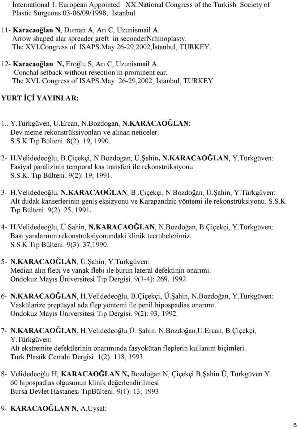 Conchal setback without resection in prominent ear. The XVI. Congress of ISAPS.May 26-29,2002, İstanbul, TURKEY. YURT ĠÇĠ YAYINLAR: 1.. Y.Türkgüven, U.Ercan, N.Bozdogan, N.