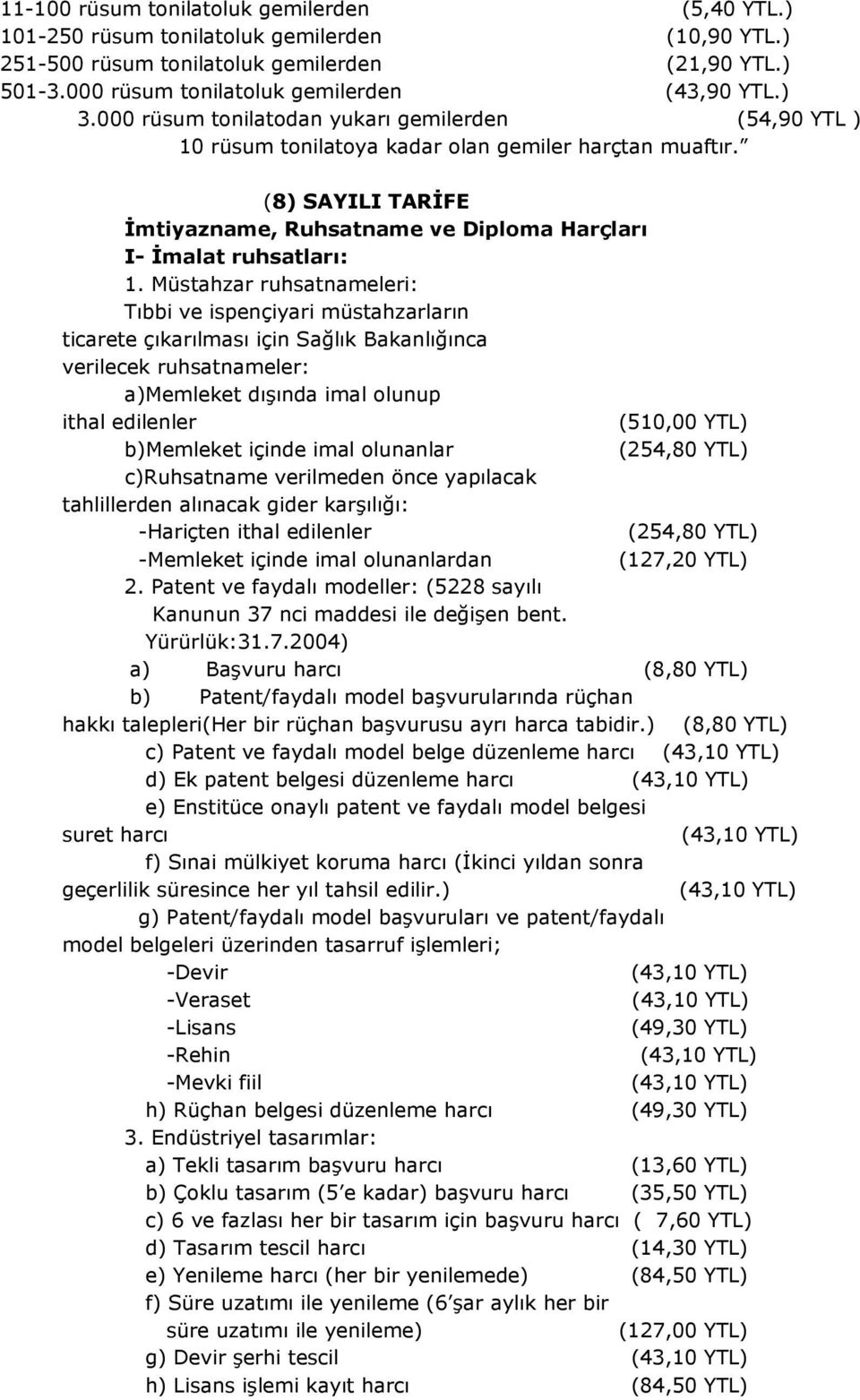 Müstahzar ruhsatnameleri: Tıbbi ve ispençiyari müstahzarların ticarete çıkarılması için Sağlık Bakanlığınca verilecek ruhsatnameler: a)memleket dışında imal olunup ithal edilenler (510,00 YTL)