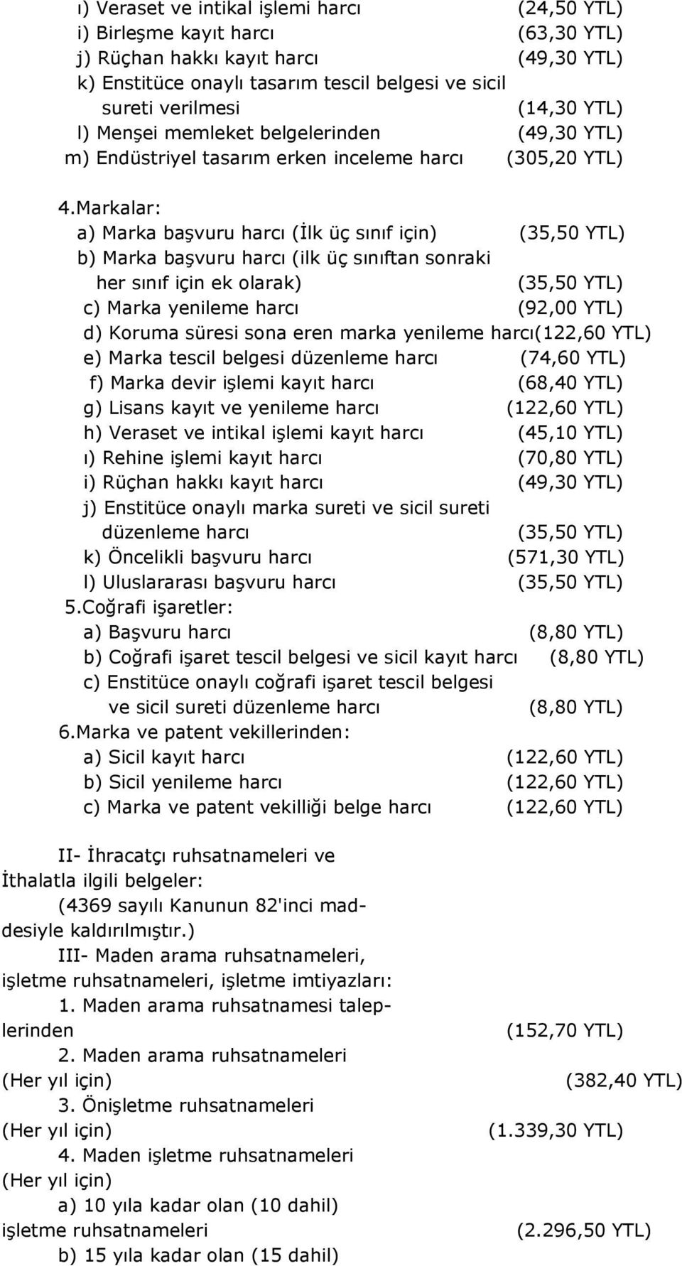 Markalar: a) Marka başvuru harcı (İlk üç sınıf için) (35,50 YTL) b) Marka başvuru harcı (ilk üç sınıftan sonraki her sınıf için ek olarak) (35,50 YTL) c) Marka yenileme harcı (92,00 YTL) d) Koruma