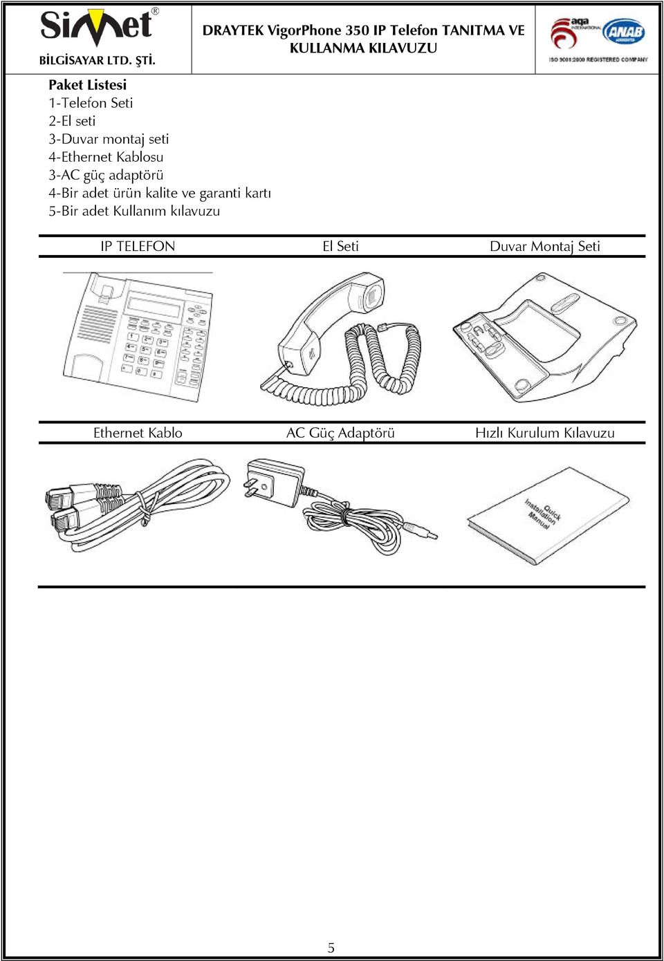 garanti kartı 5-Bir adet Kullanım kılavuzu IP TELEFON El Seti