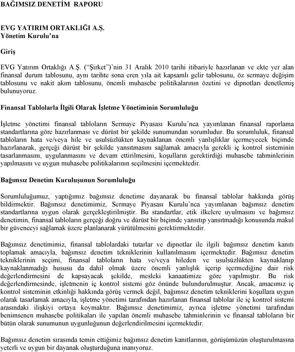 akım tablosunu, önemli muhasebe politikalarının özetini ve dipnotları denetlemiş bulunuyoruz.