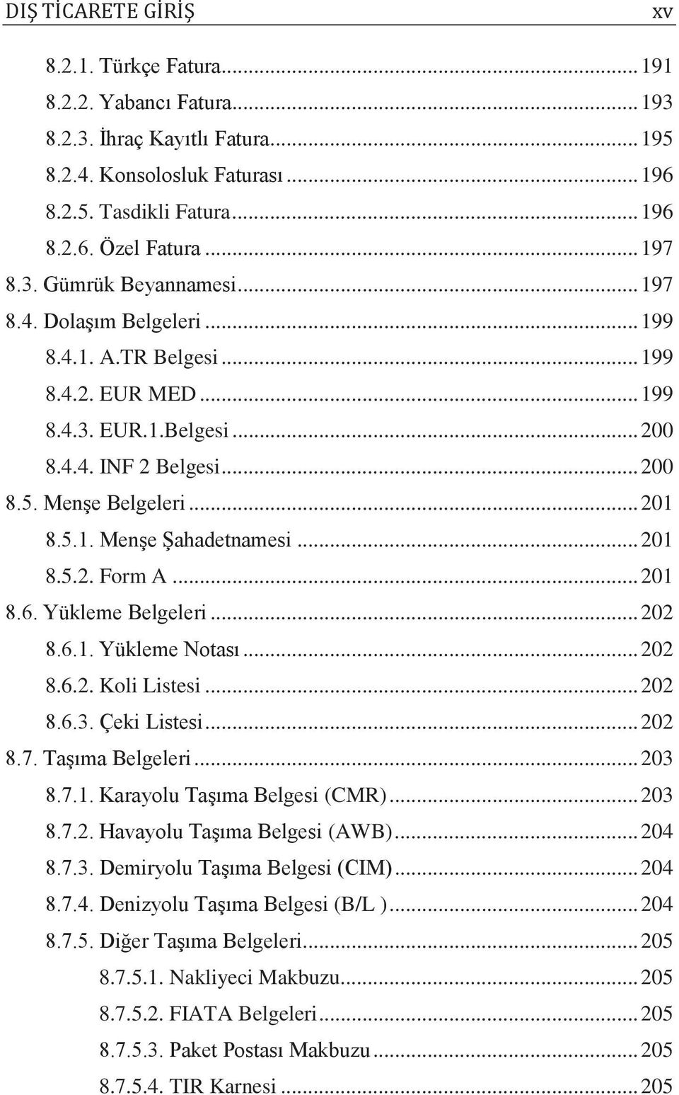 .. 201 8.5.1. Menşe Şahadetnamesi... 201 8.5.2. Form A... 201 8.6. Yükleme Belgeleri... 202 8.6.1. Yükleme Notası... 202 8.6.2. Koli Listesi... 202 8.6.3. Çeki Listesi... 202 8.7. Taşıma Belgeleri.