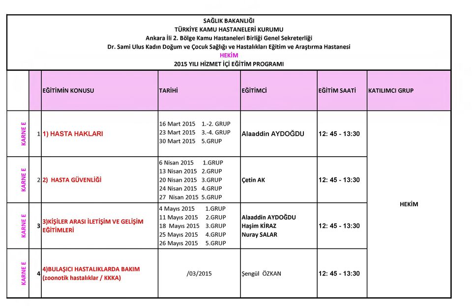 16 Mart 2015 1.-2. GP 23 Mart 2015 3.-4. GP 30 Mart 2015 5.GP A laa d di n AYDĞD 12: 45-13:30 KA 2 2) HASTA GÜVLİĞİ 3 3)KİŞİL AASI İLTİŞİM V GLİŞİM ĞİTİMLİ 6 isan 2015 1.GP 13 isan 2015 2.