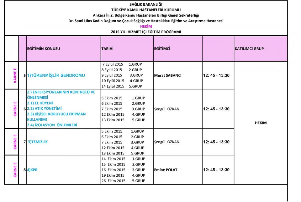 GP 8 ylül 2015 2.GP 9 ylül 2015 3.GP 10 ylül 2015 4.GP 14 ylül 2015 5.GP M urat SABACI 12: 45-13:30 6 2.) FKSİYLAII KTLÜ V ÖLMSİ 2.1) L HİJYİ 2.2) ATIK YÖTİMİ 2.3) KİŞİSL KYC KİPMA KLLAIMI 2.