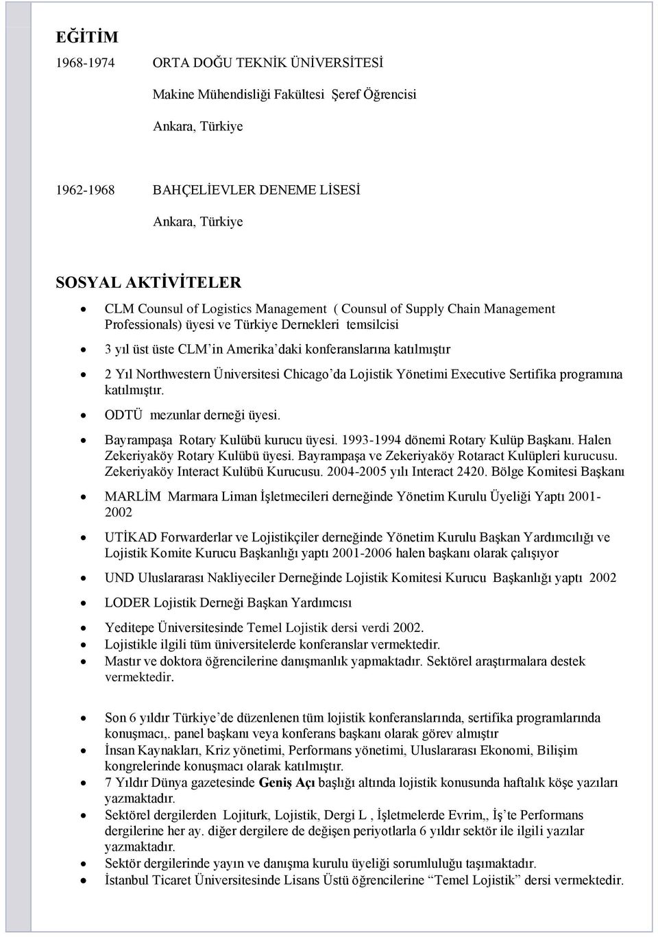 Yönetimi Executive Sertifika programına katılmıģtır. ODTÜ mezunlar derneği üyesi. BayrampaĢa Rotary Kulübü kurucu üyesi. 1993-1994 dönemi Rotary Kulüp BaĢkanı. Halen Zekeriyaköy Rotary Kulübü üyesi.