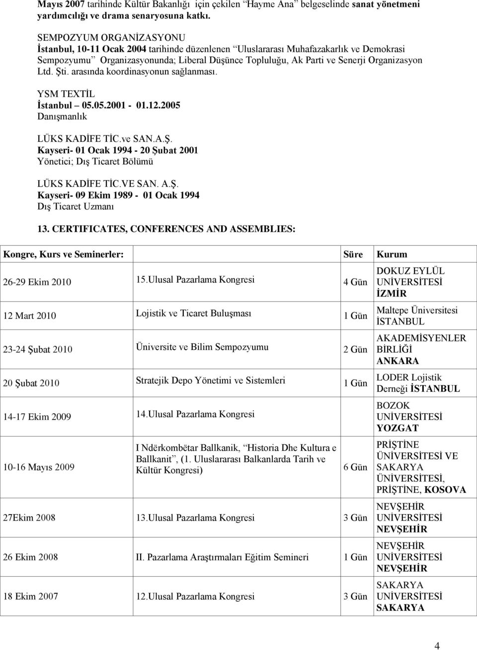 Ltd. ġti. arasında koordinasyonun sağlanması. YSM TEXTĠL Ġstanbul 05.05.001-01.1.005 DanıĢmanlık LÜKS KADĠFE TĠC.ve SAN.A.ġ. Kayseri- 01 Ocak 1994-0 ġubat 001 Yönetici; DıĢ Ticaret Bölümü LÜKS KADĠFE TĠC.