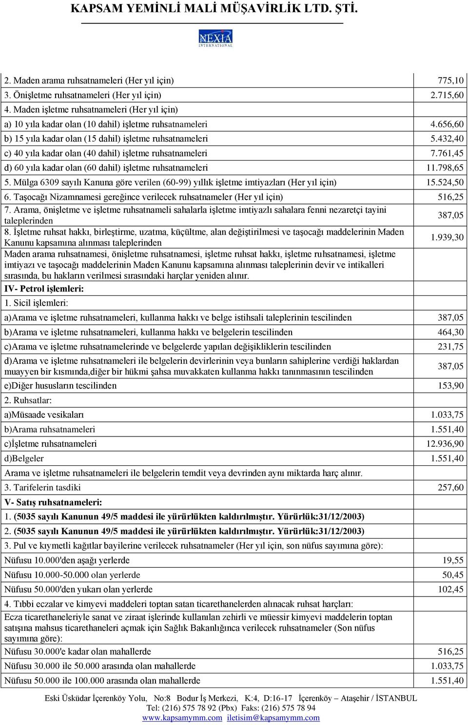 432,40 c) 40 yıla kadar olan (40 dahil) işletme ruhsatnameleri 7.761,45 d) 60 yıla kadar olan (60 dahil) işletme ruhsatnameleri 11.798,65 5.