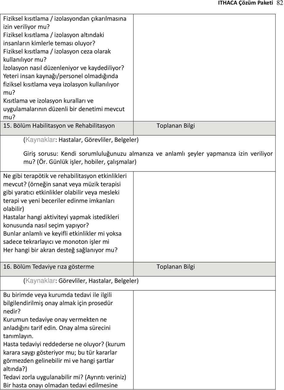 Kısıtlama ve izolasyon kuralları ve uygulamalarının düzenli bir denetimi mevcut mu? 15.