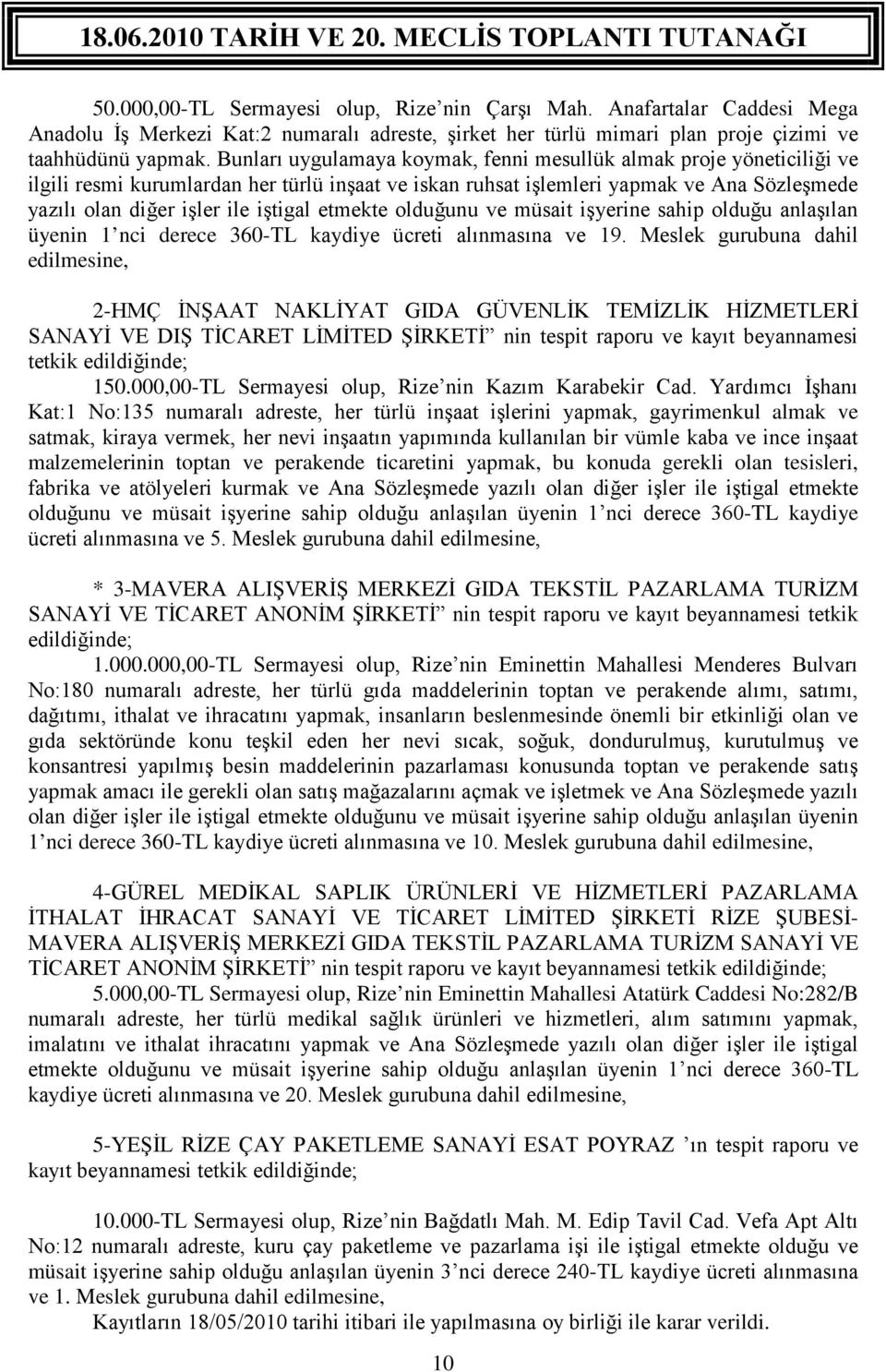 etmekte olduğunu ve müsait işyerine sahip olduğu anlaşılan üyenin 1 nci derece 360-TL kaydiye ücreti alınmasına ve 19.