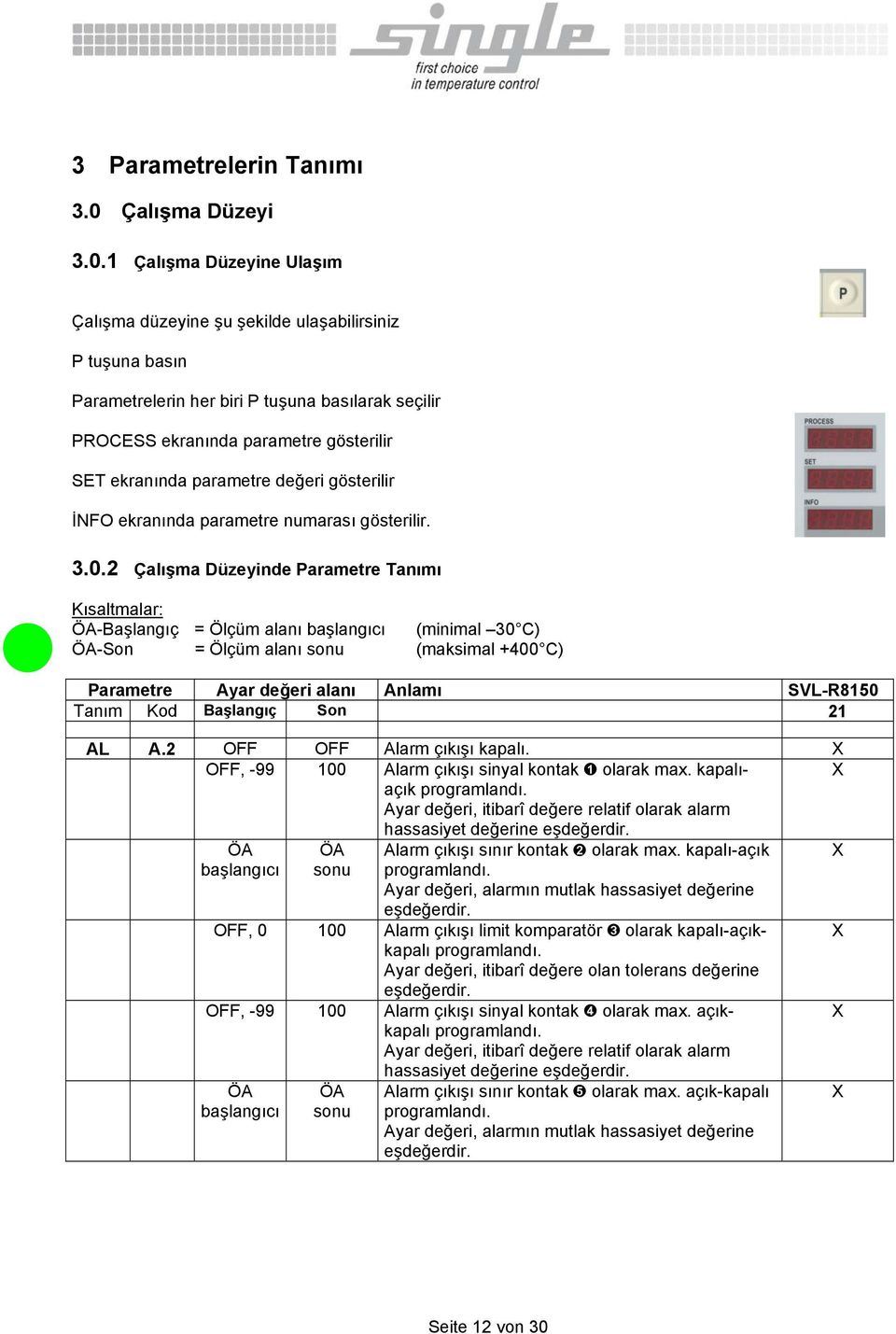 1 Çalışma Düzeyine Ulaşım Çalışma düzeyine şu şekilde ulaşabilirsiniz P tuşuna basın Parametrelerin her biri P tuşuna basılarak seçilir PROCESS ekranında parametre gösterilir SET ekranında parametre