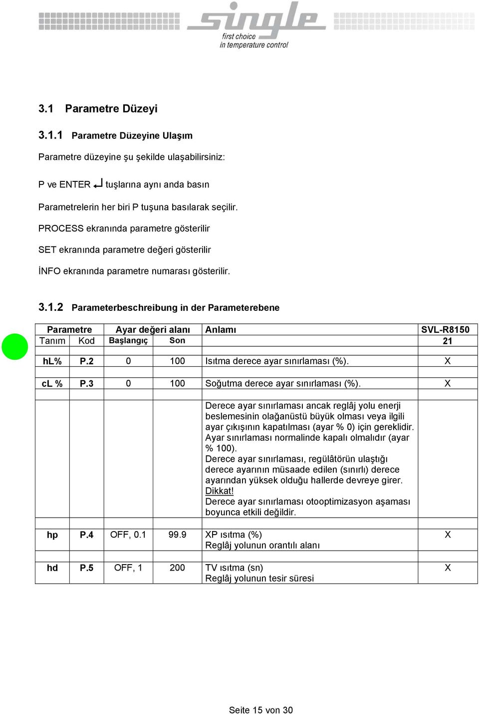 2 Parameterbeschreibung in der Parameterebene Parametre Ayar değeri alanı Anlamı SVL-R8150 Tanım Kod Başlangıç Son 21 hl% P.2 0 100 Isıtma derece ayar sınırlaması (%). cl % P.