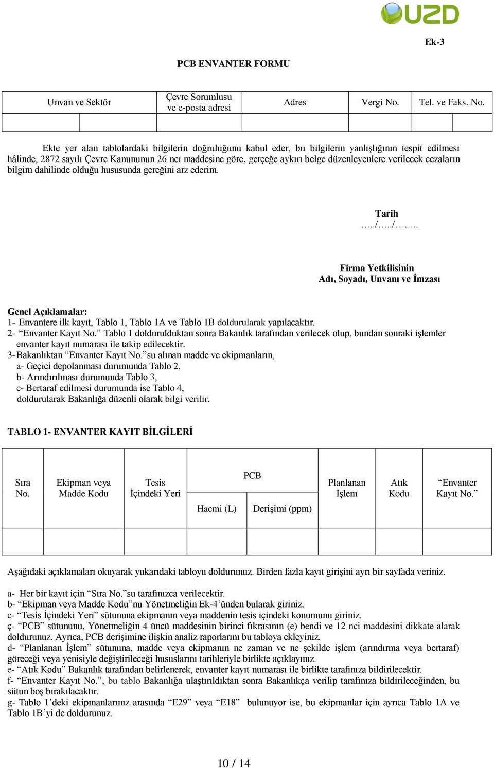 Ekte yer alan tablolardaki bilgilerin doğruluğunu kabul eder, bu bilgilerin yanlışlığının tespit edilmesi hâlinde, 2872 sayılı Çevre Kanununun 26 ncı maddesine göre, gerçeğe aykırı belge