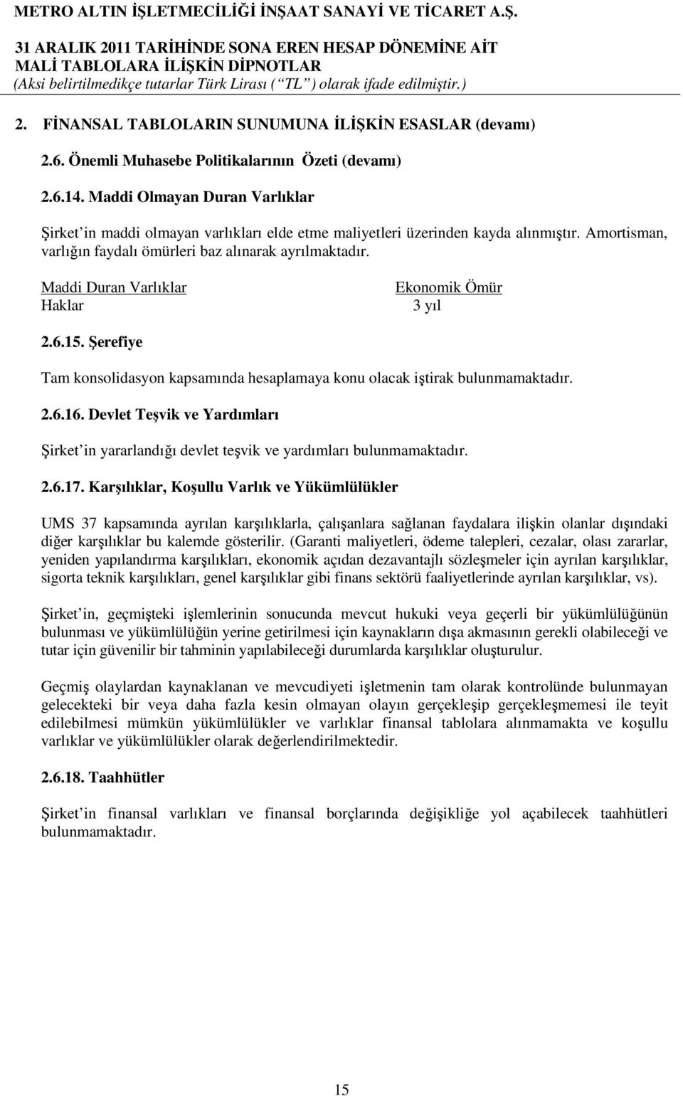 Maddi Duran Varlıklar Haklar Ekonomik Ömür 3 yıl 2.6.15. Şerefiye Tam konsolidasyon kapsamında hesaplamaya konu olacak iştirak bulunmamaktadır. 2.6.16.