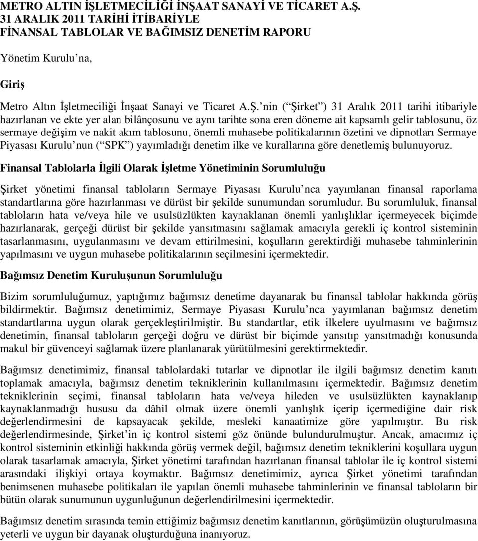 önemli muhasebe politikalarının özetini ve dipnotları Sermaye Piyasası Kurulu nun ( SPK ) yayımladığı denetim ilke ve kurallarına göre denetlemiş bulunuyoruz.